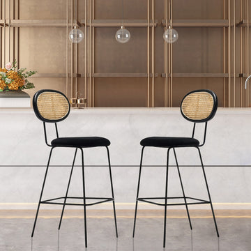 Black Height Bar Stool with Cane Back Velvet Upholstery Counter Stool